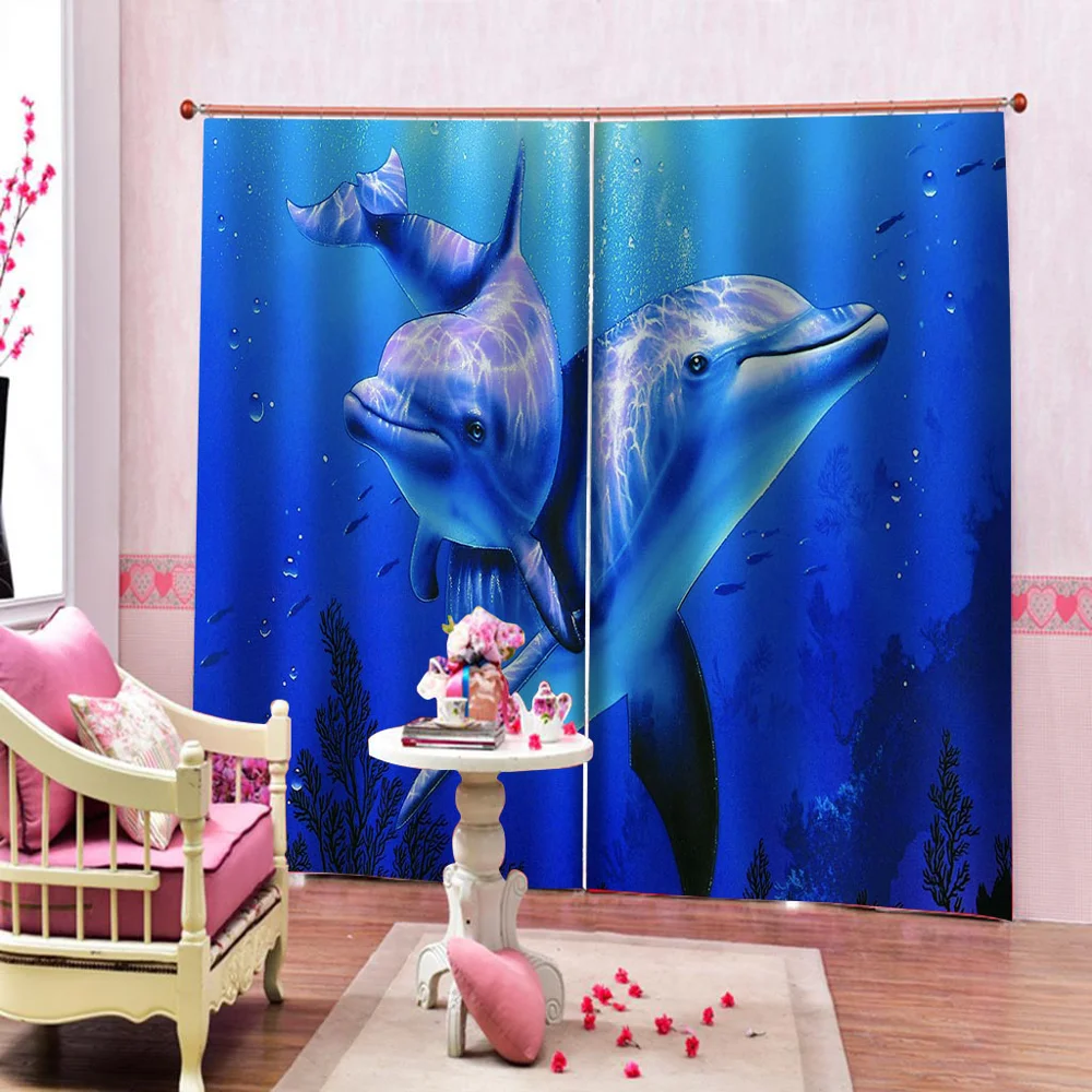 Photo blue ocean dolphin curtains 3D Blackout Curtains For Living room stereoscopic curtains