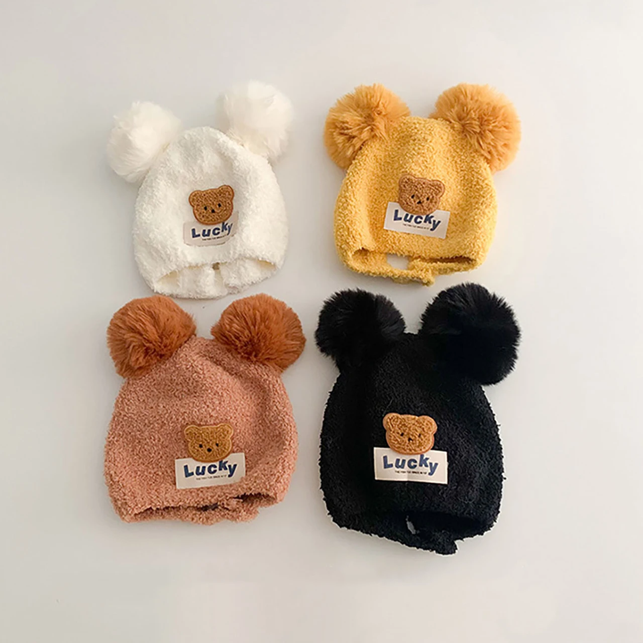 

Cute Baby Ear Protection Kint Hat Winter Warm Kids Lace-up Beanie Solid Color Wool Pullover Cap 6-24MonthInfant Headgear Bonnet