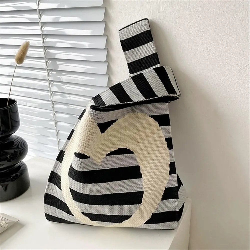 New Love Striped Handmade Knitted Handbag Minimalist Korean Women Mini Knot Wrist Bag Tote Bag Student Reusable Shopping Bags