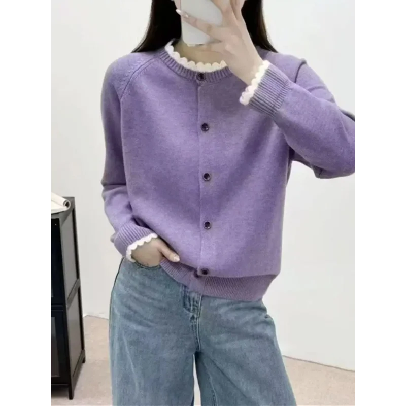 花エッジカラーブロックニットカーディガン女性の春秋の新ファッションカジュアルトップショートアウターセーターコート