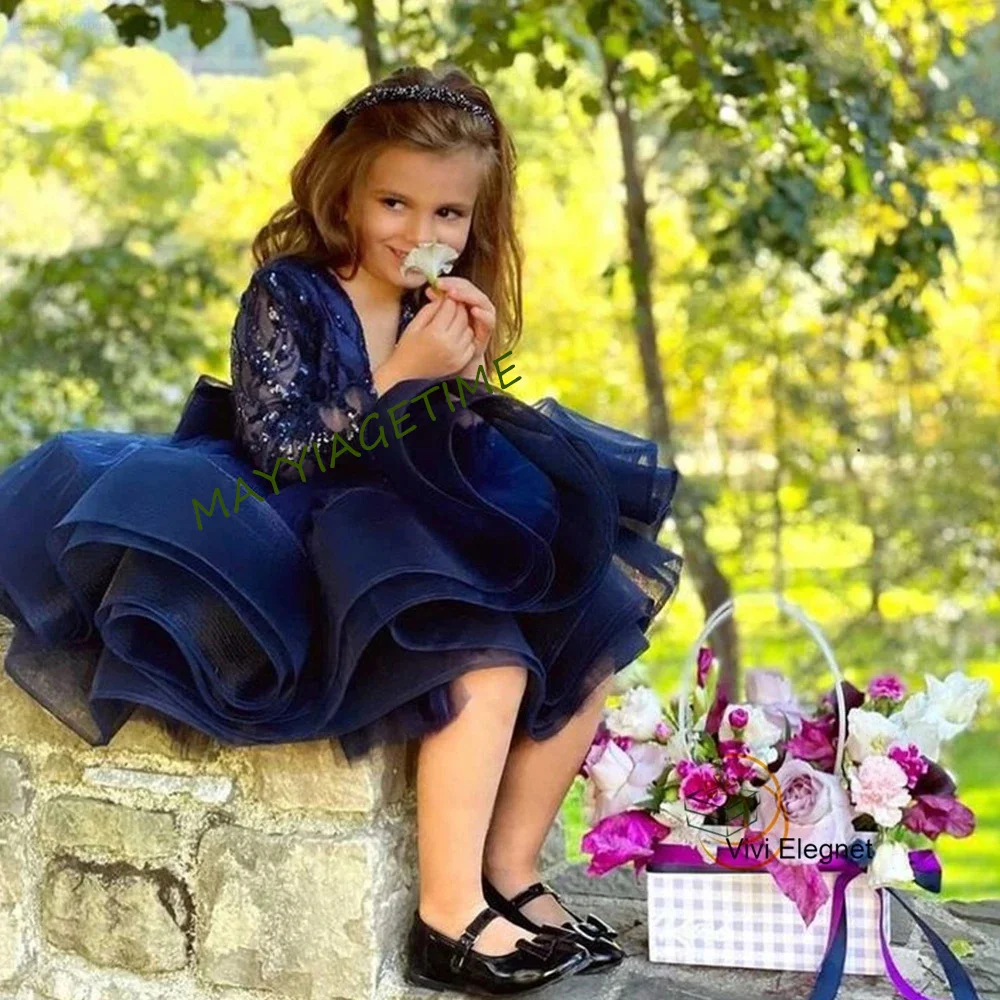 Drak Blue Flower Girls Dresses for Baby V Neck Tutu Dance Christmas Gowns with Sequined Full Sleeve 2023 Summer فلور فتاة اللباس