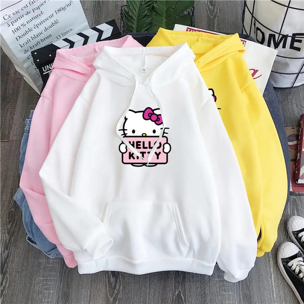 Sanrioed Hello Kitty Hooded Hoodie Kawaii Anime Spring Winter Couple Outfit Long Sleeve Tops Cotton Harajuku Loose Cute