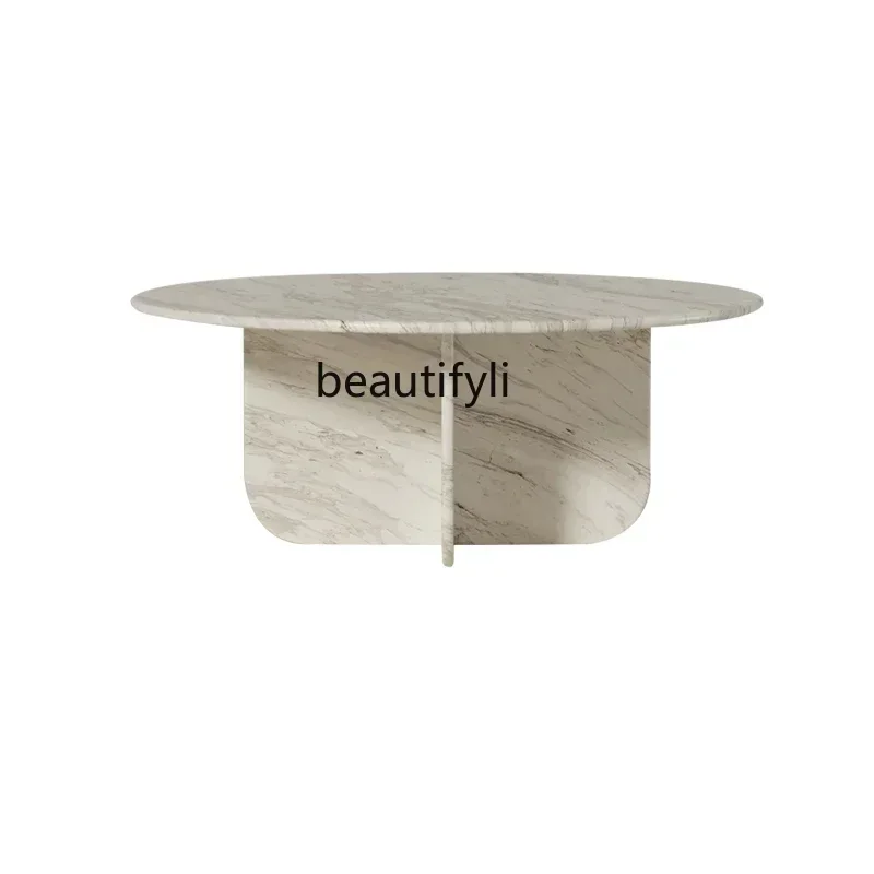 183F Modern light luxury living room natural marble combination coffee table simple minimalist sofa balcony round edge table