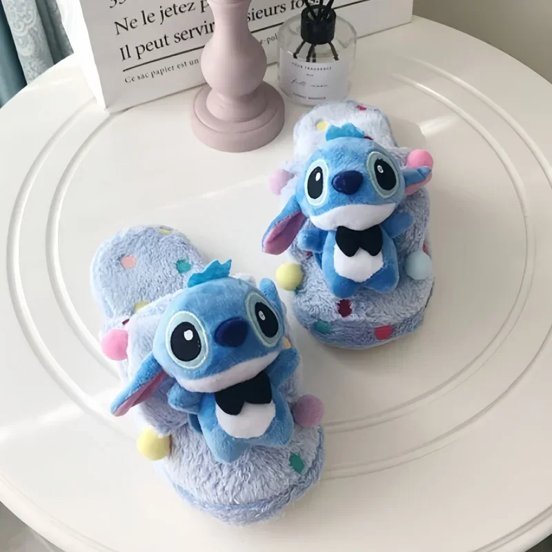 Disney Stitch Angel Kawaii Cute Fun Warm Home Women's Shoes Cartoon Hundred Polka Dot Doll Plush Flat Cotton Home Slippers