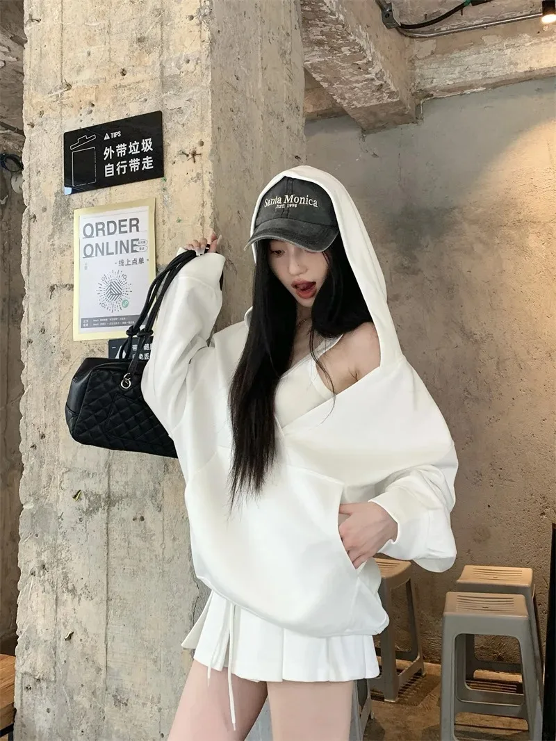 Solid V-neck Hooded Sweatshirt for Women Autumn Fashion Casual Loose Harajuku Hooded Korean Style Pullover Streetwear Y2k Tops
