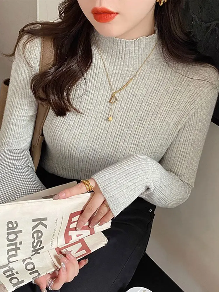 Elegant Solid Basic Knitted Women Tops Turtlneck Sweater Long Sleeve Casual Slim Pullover Korean Fashion Simple Chic Clothes