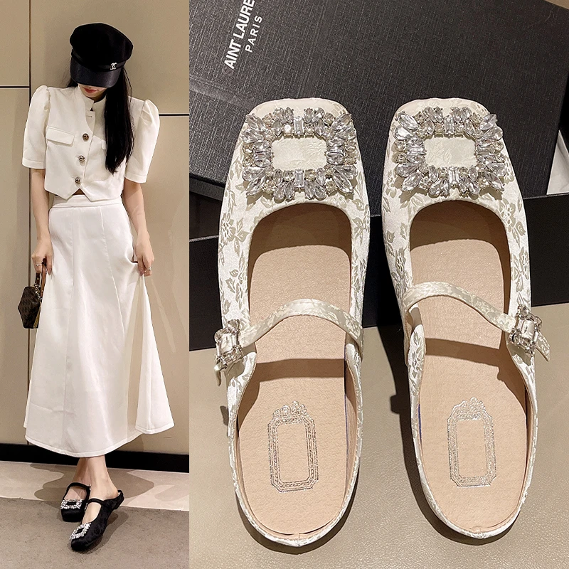 

Luxury Crystal Square Buckle Ballet Flats Woman Elegant Floral Jacquard Satin Silk Mary Janes Ladies Brand Design Mule Slippers