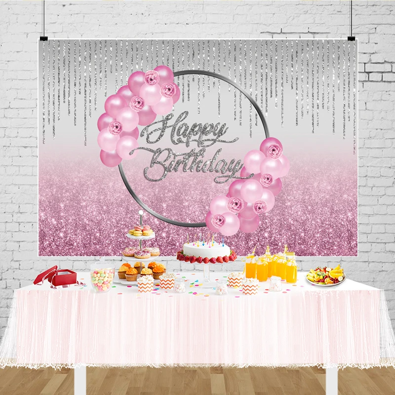 Rosa feliz aniversário pano de fundo rosa balão grinalda fitas luz bokeh meninas festa de aniversário personalizado foto fundo cabines estúdio