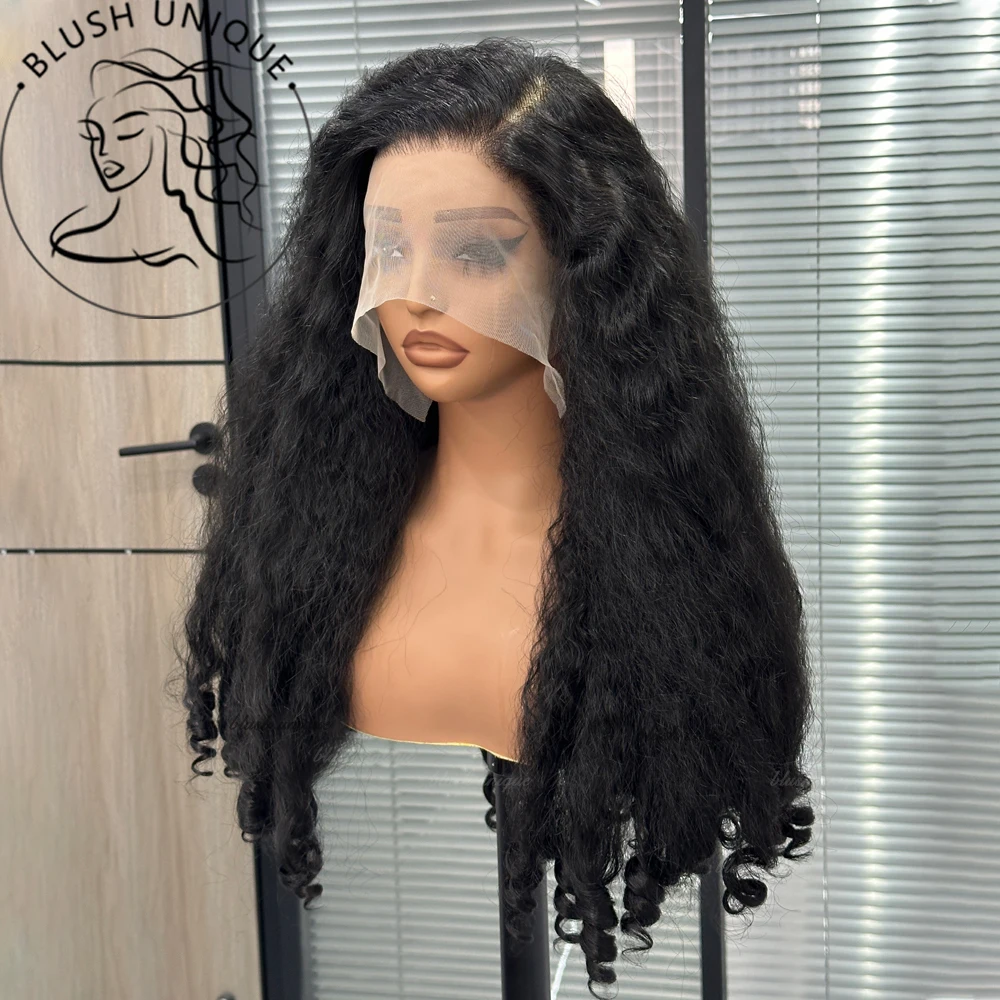 

13X6 Афро-кудрявый парик спереди, синтетический странный прямой парик со надувными вьющимися концами, пушистые надувные волосы для женщин, предварительно выщипанный парик на шнурке