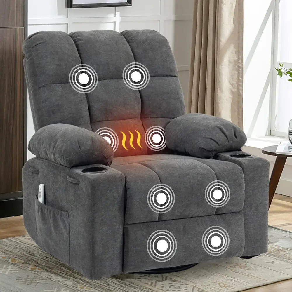 

Oversized 360° Swivel Glider Recliner Chair with Heat, Cup Holders, for Living Room or Bedroom in Gray
