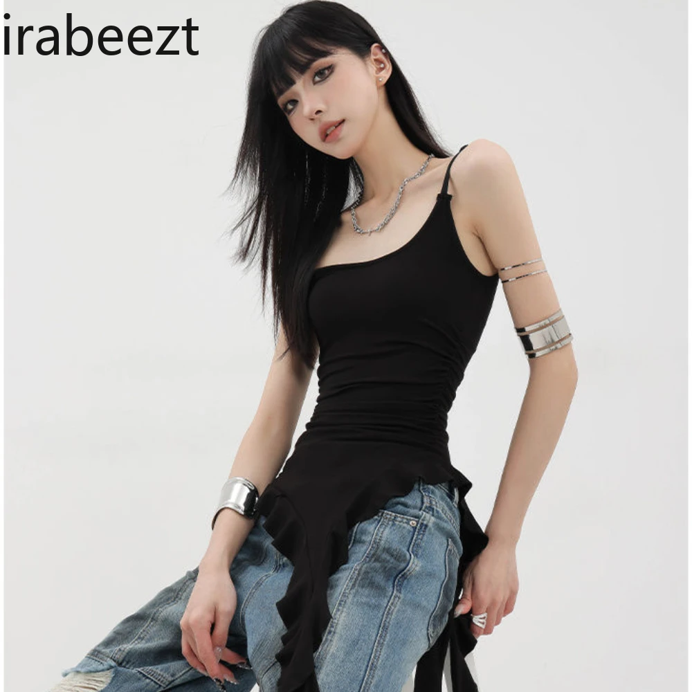 Asymmetrical Streamer Halter Solid Color Tank Top Slim Spice Sweet Cool Ruffled Design All-matching Base Blouse Lady