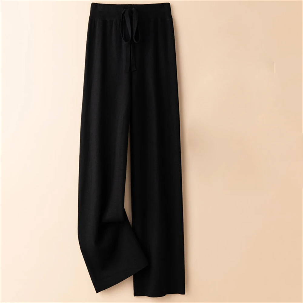 Women's Wool Knitted Wide-leg Straight Pants Autumn Winter Outer Wear Elastic High-waist Mopping Draped Loose All-match Trousers