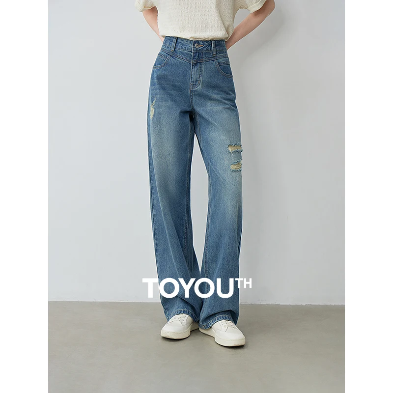 TOYOUTH Denim Jeans 2024 Summer New Yappi Style Ripped Straight Wide Leg Pants