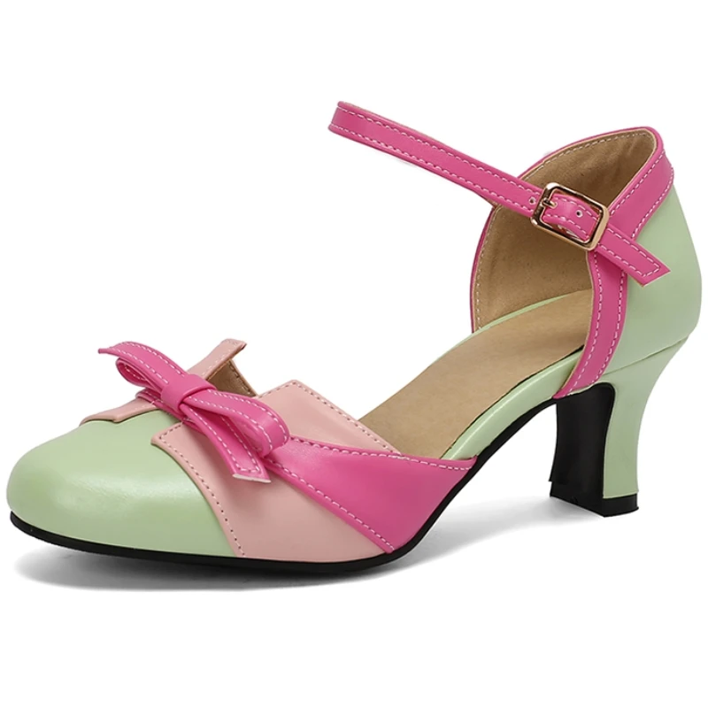 

Sweet Female Pumps Close Round Toe Kitten Heels 6cm Buckle Strap Bowknot Mixed Color Plus Size 46 47 48 Spring Dating Shoes