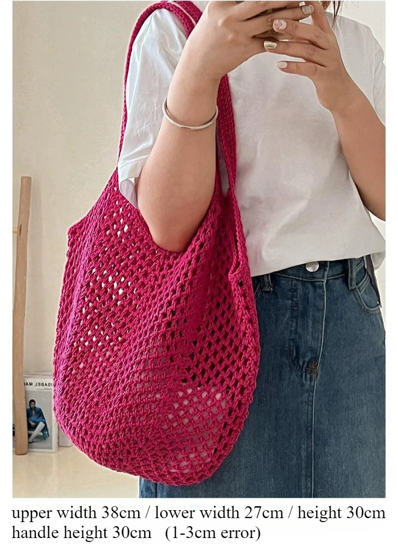 Large Capacity Women's Cotton Thread Woven Shoulder Bag Summer Hollow Out Female Straw Beach Tote Bag Vacation Portable Handbags