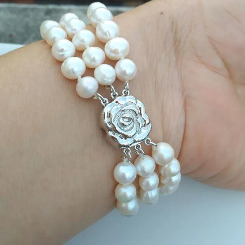 3 Rows Triple Strand South Sea White REAL Pearl Bracelet 7.5-8