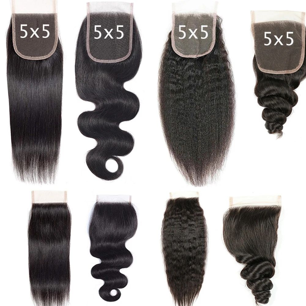 مستقيم 4x4 5x5 الدانتيل إغلاق شعر مستعار بشري الجسم موجة 4x4 5x5 الدانتيل الشفاف إغلاق البرازيلي عذراء الشعر جزء مجاني