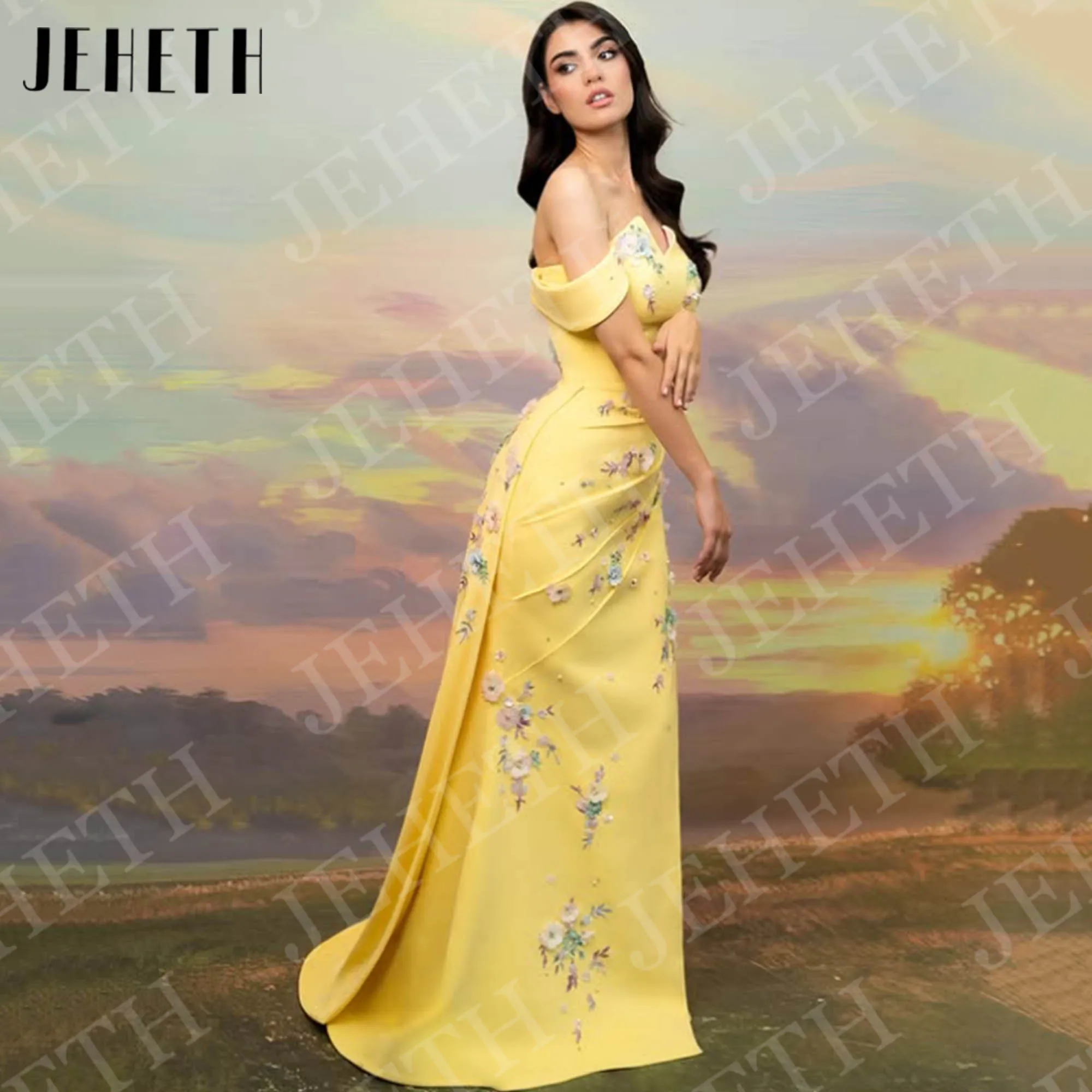 예헤스 럭셔리 머메이드 이브닝 드레스 프롬 여성 플로럴 아플리케 오프숄더 정장 파티 드레스 옐로우 맞춤 제작 이브닝 드레스고급스러운 인Mermaid Evening Dresses Prom주문을 받아서 만드는 어깨 공식적인 파티 드레스 노란색에서 여자 꽃 애플리케이션