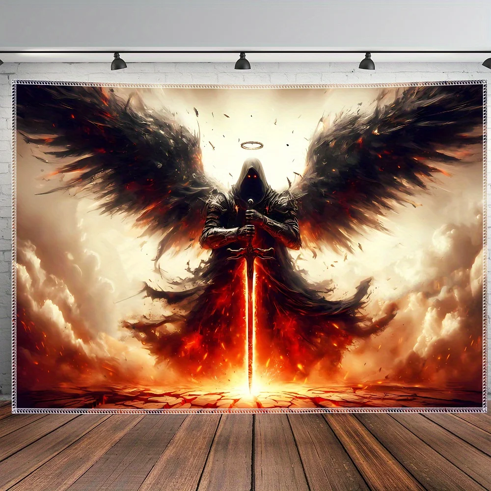 Cinematic Dark Fantasy Angel Wings Fire Tapestry Wall Hanging Room Decor Man Cave Art Poster Print Epic Gothic Decor
