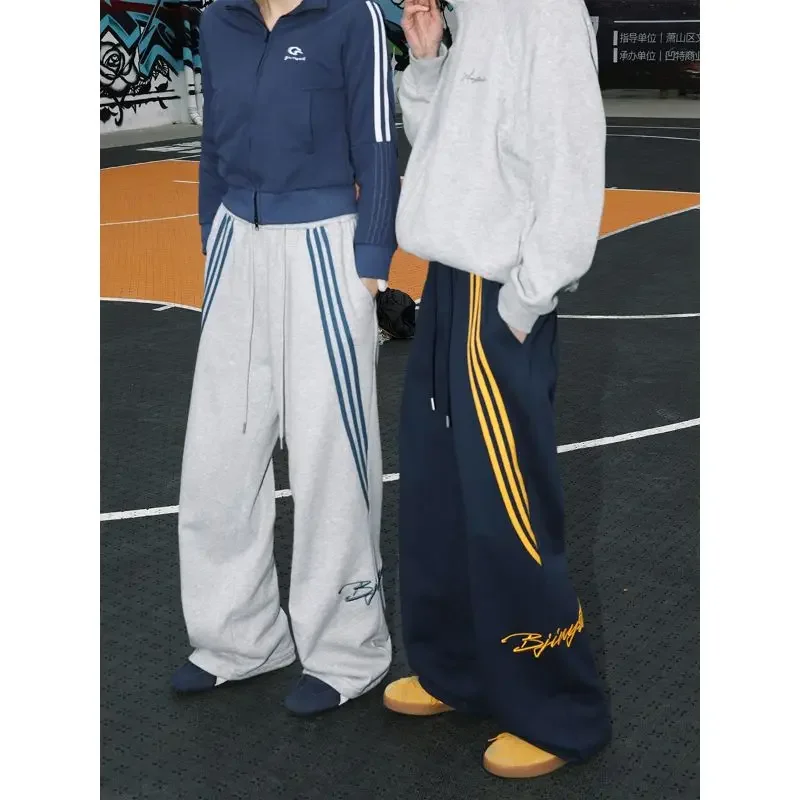 American Retro Pants Men Women Striped Letter Embroidery Solid Color Casual Pants Summer New Straight Loose Hundred Sports Pants