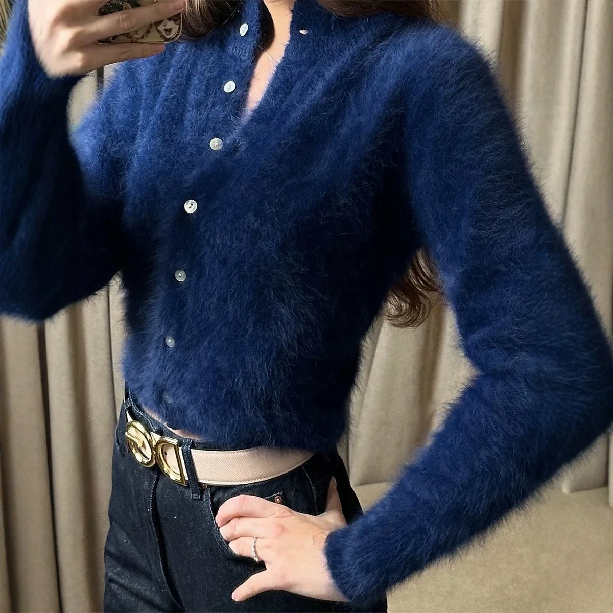 Ladies Lace Patchwork Design Jumpsuits Sweet Single Breasted O-neck Cardigan Sweater Vintage Soft Knitted Coat