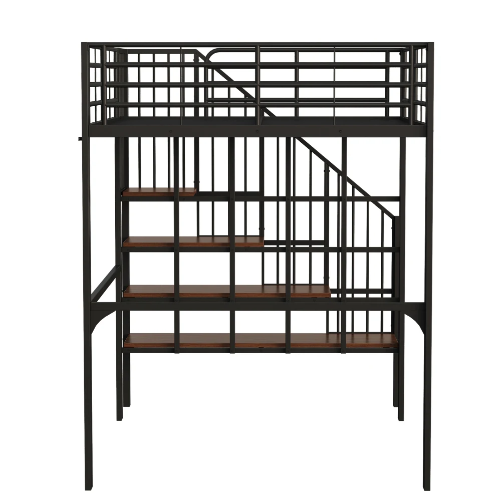 Stabiles Hochbett aus Metall, 90 x 200 cm/140 x 200 cm, mit geräumigem Stauraum unter dem Bett und Treppe für Kinder und Erwachsene, Bettgestelle und -gestelle – Detail 21