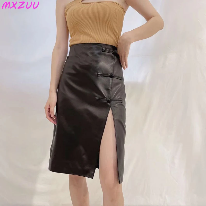 Chinese Style Women Real Leather Skirt Lange Rok Met Split Mujer Sheepskin Pipa Buckle Retro High Waist Slim Wrap Hip Midi Flada