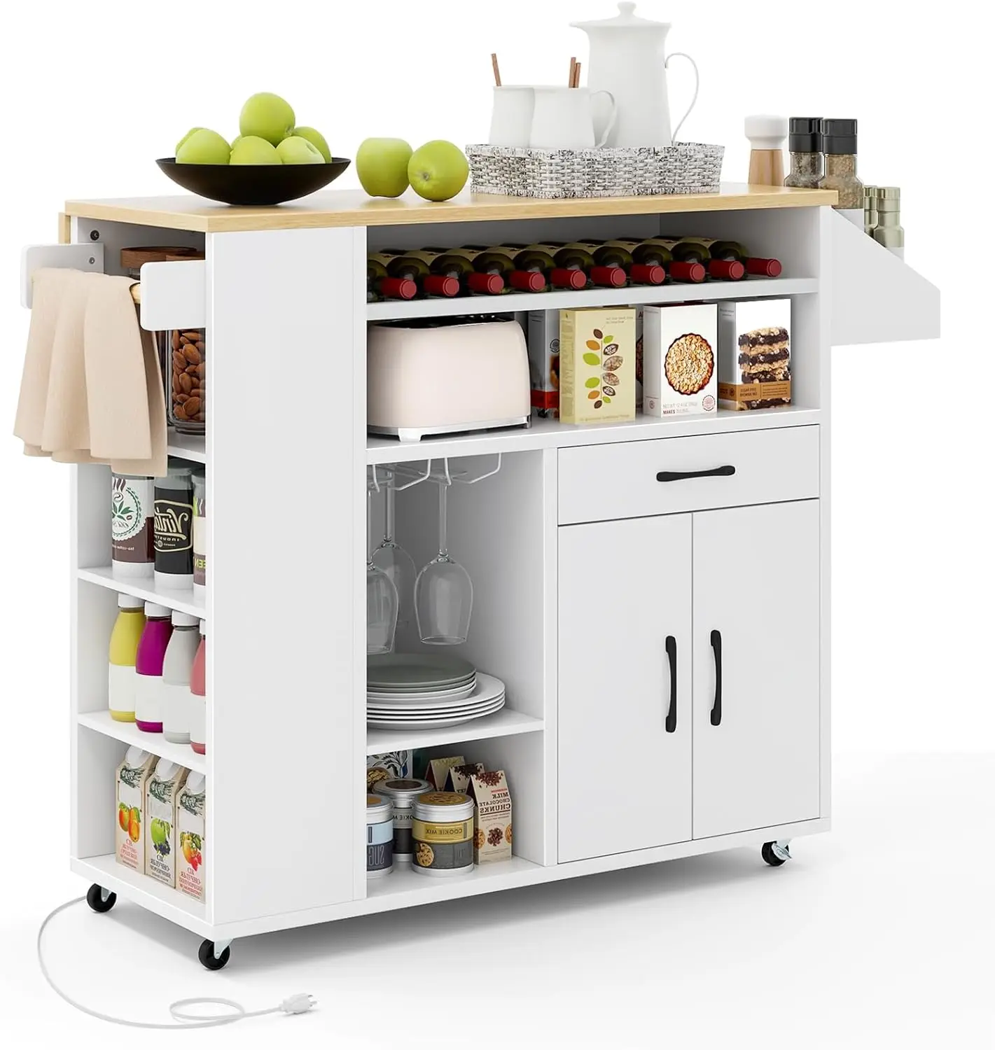 Giantex Rolling Kitchen Island Cart W/Drop Leaf, Power Outlet, Wine Rack, Stemware Rack, Drawer, Spice Rack, Mobile Storage