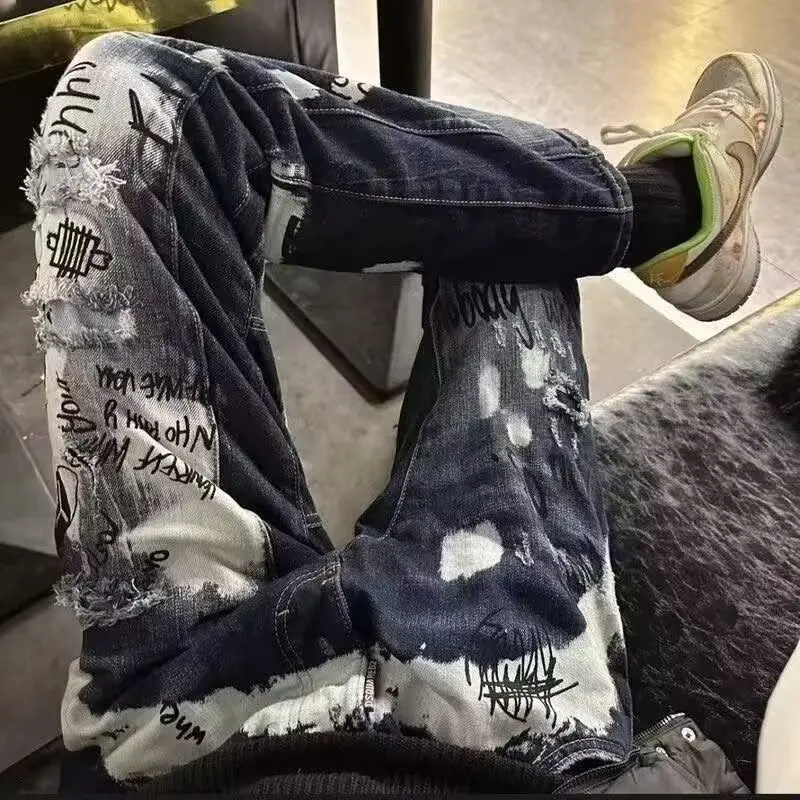 Autumn New Fashion Trend Printed Ripped Jeans Men's Casual Slim Comfortable Breathable High-Quality Denim Pants