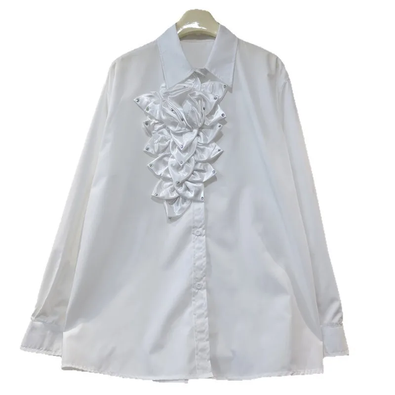 HKSH Spring Autumn New Women Shirt Three-Dimensional Flower Single Breasted Long Sleeve Elegant Trendy Top French Blouse HK13282