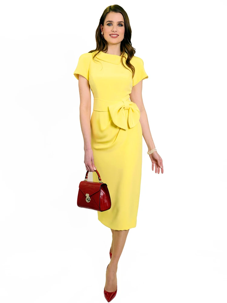 Designer Workplace Runway Sexy Female Spring Summer High Quality Fashion Yellow Girls Sexy Bow Slim Fit Sweet Pencil Midi Dress