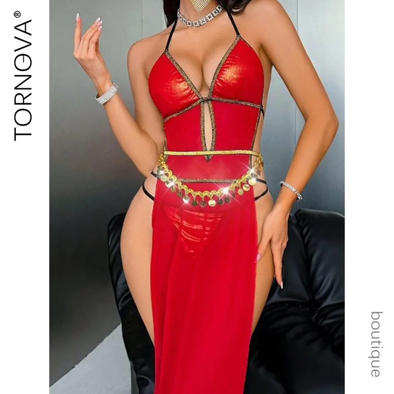 

Tornova Erotic Long Skirt Slit Sexy Underwear Women Delicate Gather Together Backless See-through Seductive Sexy Intimate Set