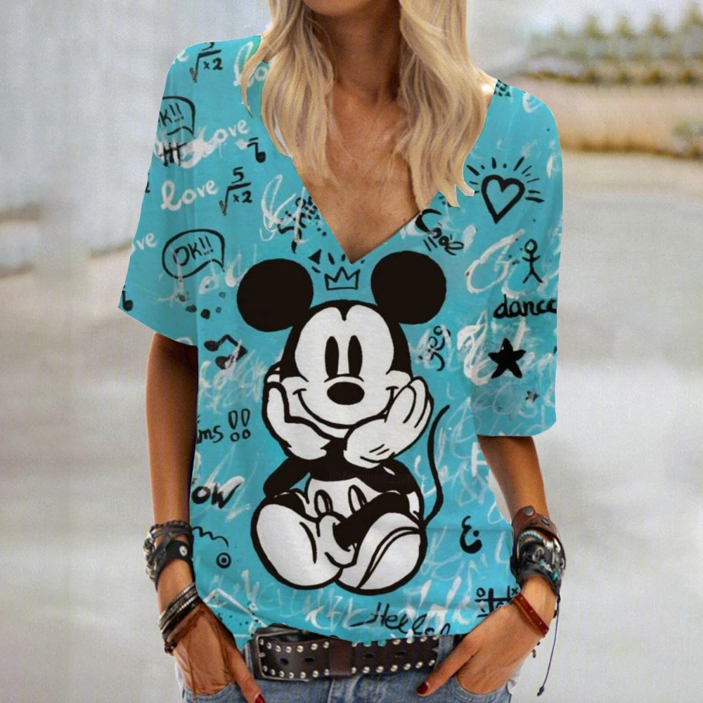 2024 Summer Women's V-neck T-shirt Daily Casual Top Disney Mickey Mouse Minnie print Short Sleeve Loose Comfortable Tees