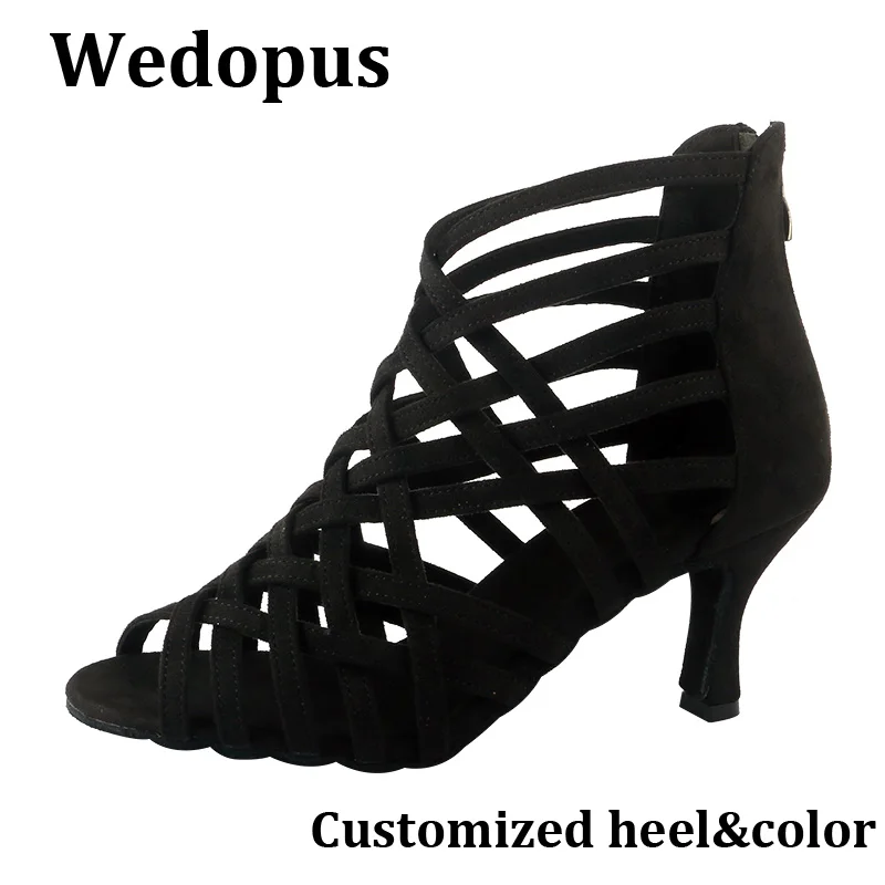 Wedopus Open Toe Latin Dance Ankle Boots Black Faux Suede Zipper Roman Salsa Dancing Boots Soft Sole 7.5CM