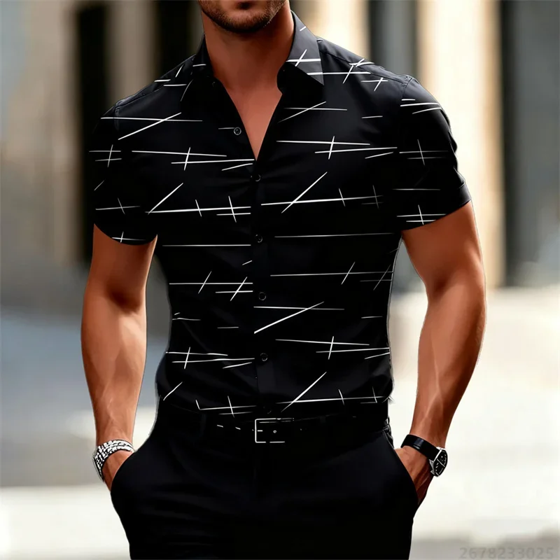 

New Style Casual Men's Summer Shirt Short Sleeves 3D Lines Printed Stylish Loose Tops Essential for Hawaii Tourism Man Shirts