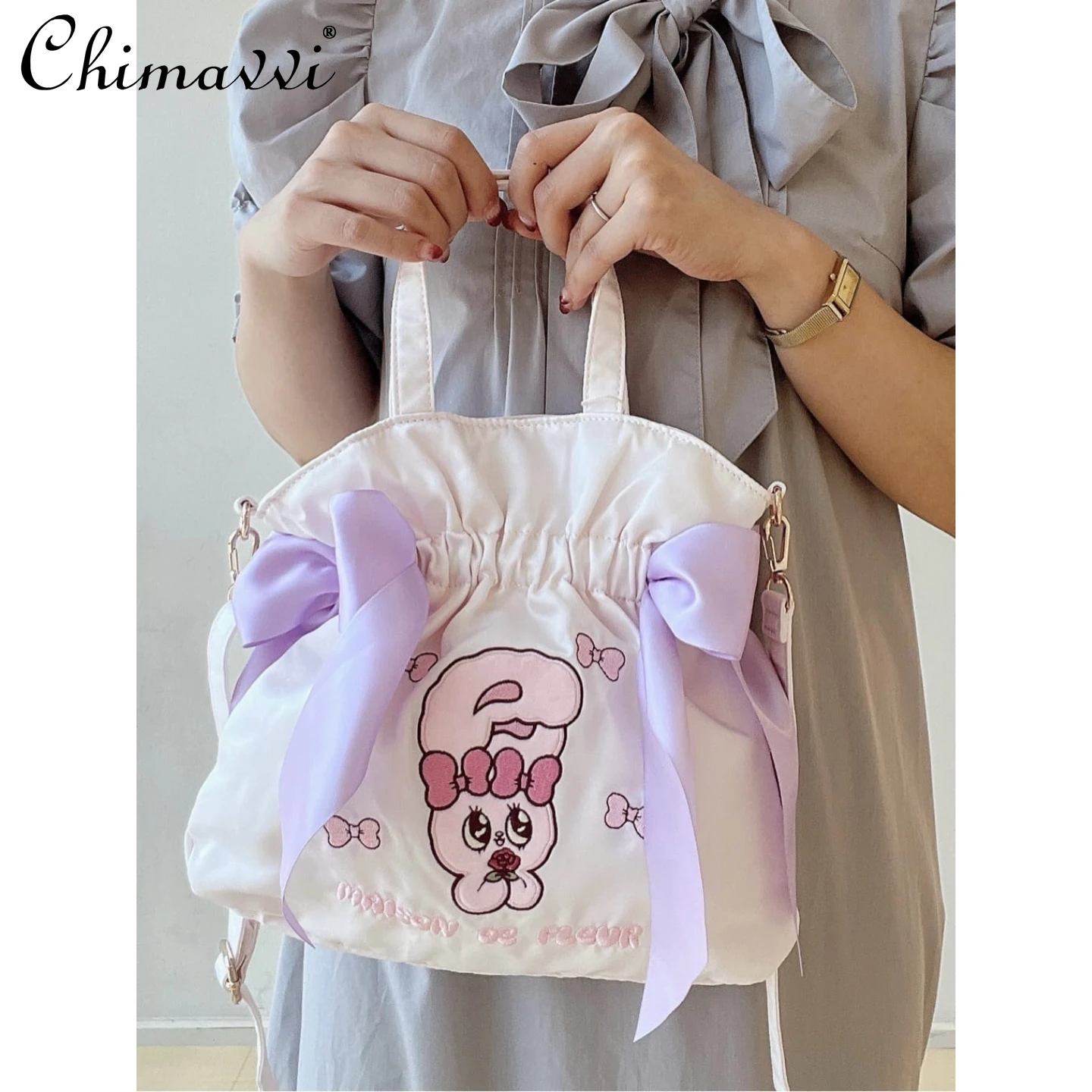 

New 2025 Japanese Style Cute Double Ribbon Bow Embroidered Satin Shoulder Crossbody Bags Girl Women's Sweet Tote Handbags