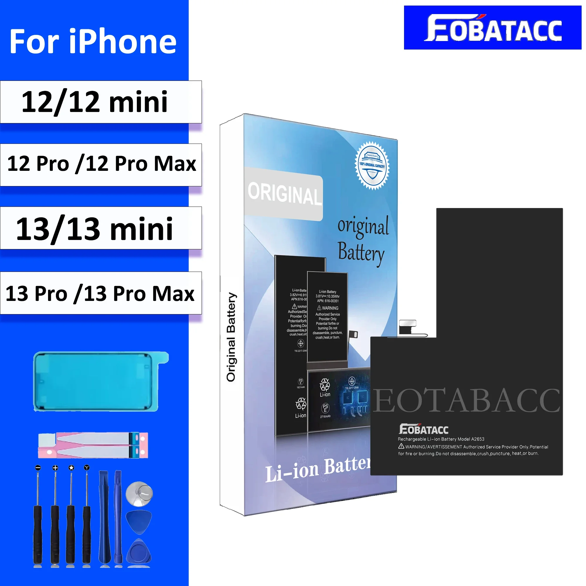 

EOTABACC New Battery For IPhone 12 13 Mini Pro Max High Capacity Bateria For 12mini 13mini 12Pro 13Pro Sticker Free Tools