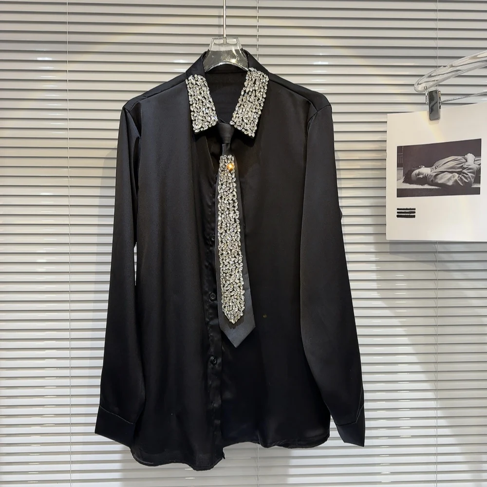 

Spring 2026 Dark Lady Bead Tie Heavyweight Acetate Fabric Long Sleeve Shirt for Women Straight Cut Standard Thickness No Spec...