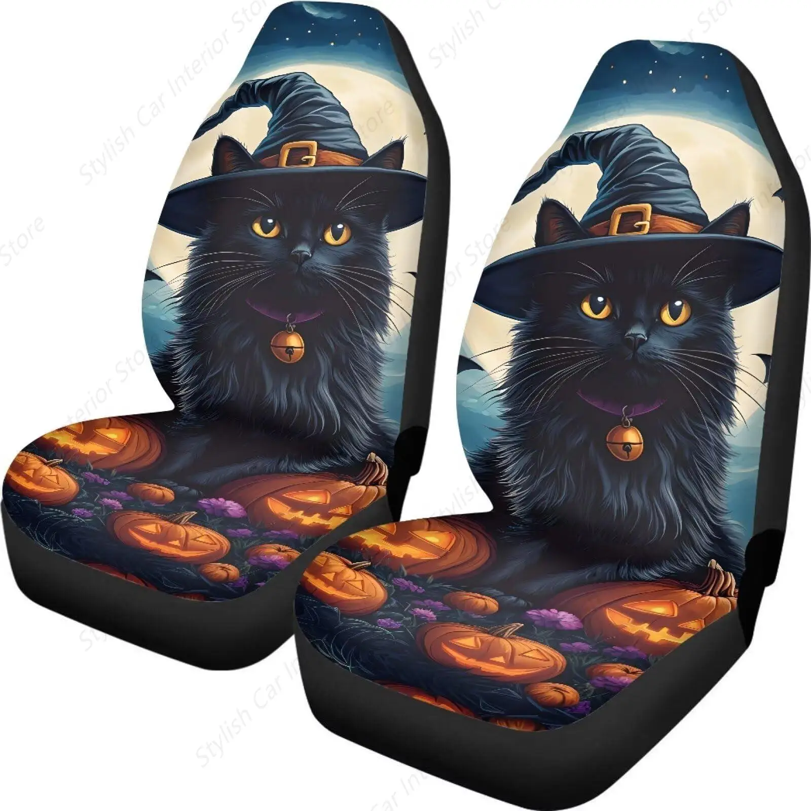 

Halloween Black Cat Print Car Front Seat Cover for Women Men, 2pcs Automotive Seat Cover Seat Protectors Cushion for SUV & Truck