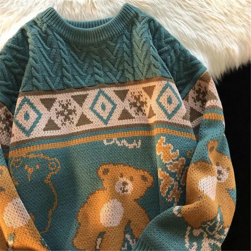 Fashion Cute Bear Tops Men High Street Knitting Sweater Tops Autumn Pullover Loose Harajuku Kawaii White Women Couple Sweaters