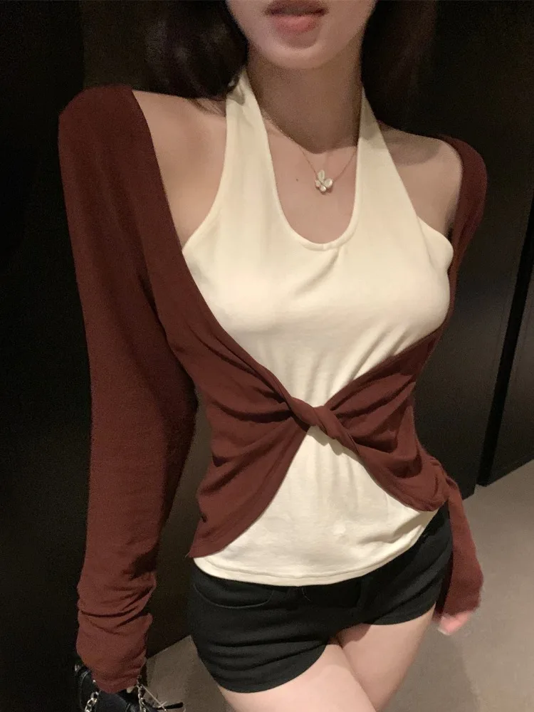 

Laid-back Style Color Block Long Sleeve Short T-shirt Women's Fashionable Versatile Spring Autumn Neck Hanging Design Top