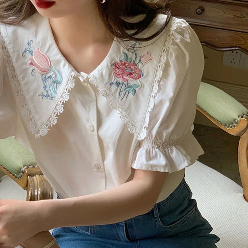 MEXZT Vintage Sweet Shirts Women Embroidery Floral Print Blouses Summer Korean Preppy Student Puff Short Sleeve Casual Tops New