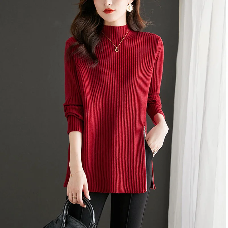 

Half Turtleneck Mid-length Bottoming Sweater for Women 2025 Autumn and Winter New Style Slit Slimming Temperament Knitted Top