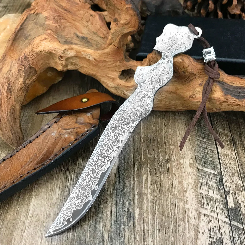 

Flying Goddess Damascus Steel Handmade Mini Outdoor Small Fixed Blade Knife Camping Fruit Knife Portable Key Knife EDC Tool