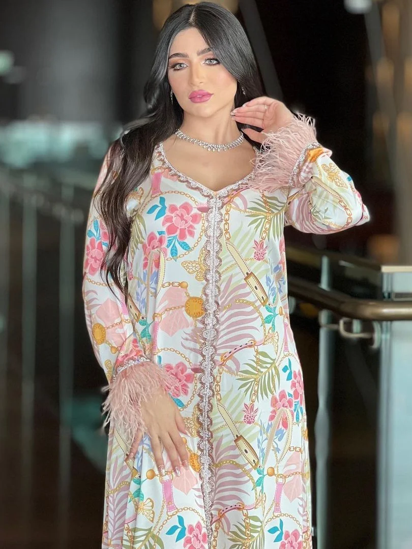 Ramadan Kaftan Dubai Luxury Diamonds Long Dresses Floral Print V-Neck Lace Tape Elegant Casual Party Dress Muslim Women Clothing