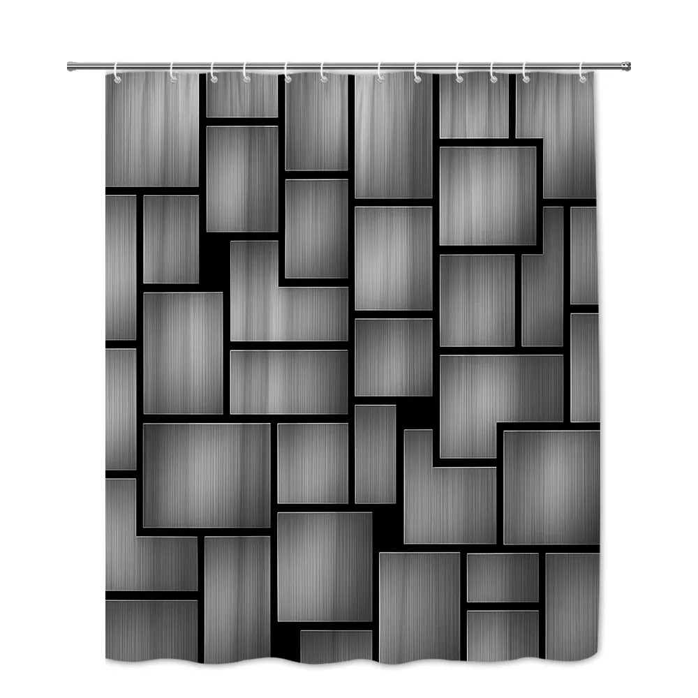 Modern Geometric Metal Pattern Shower Curtain Black and Silver Blocks Design Industrial Style Bathroom Decor Waterproof