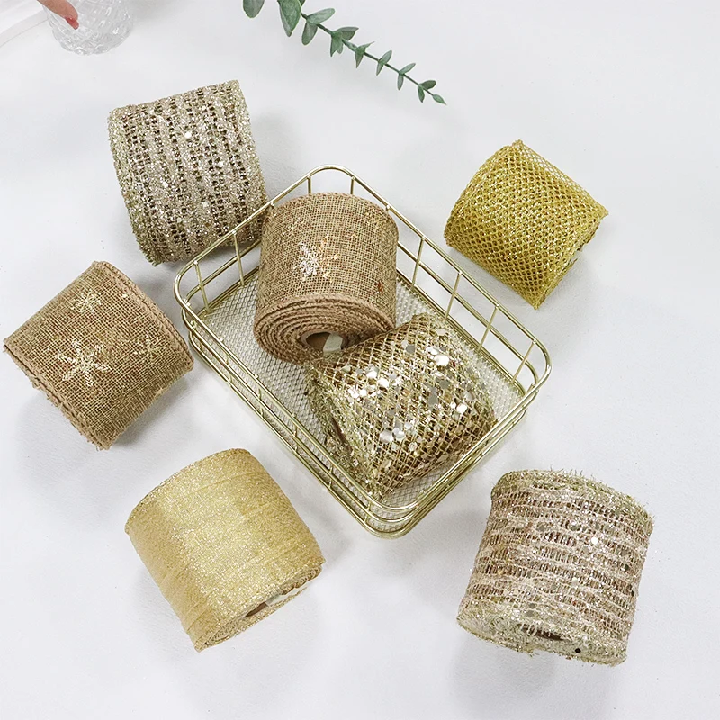 2-1/2\'\' 63mm Wired Edge Burlap Jute Golden Glitter Ribbon For Wedding Christmas Homemade DIY Decoration Gift Packaging