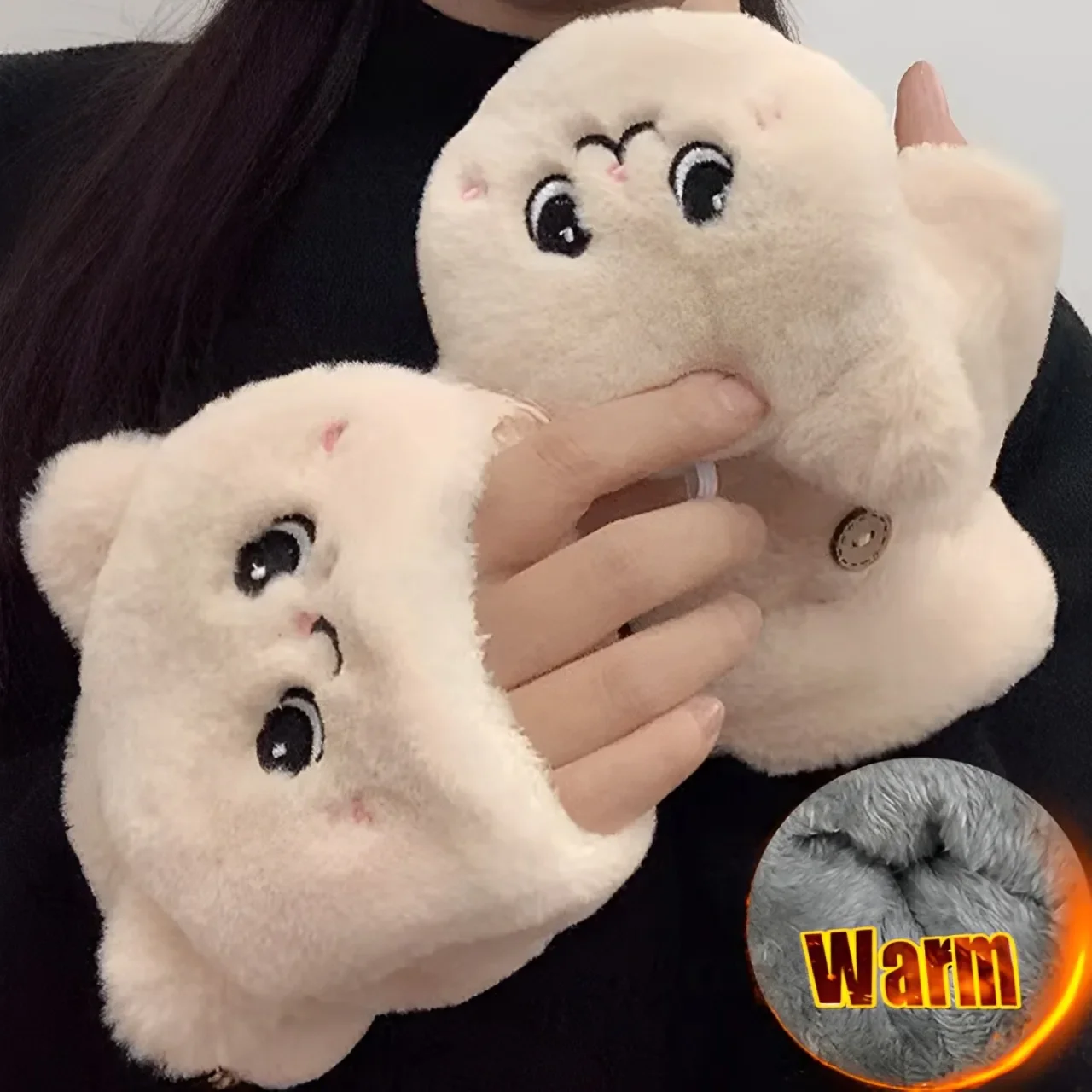 Kawaii Animals Fur Mittens Winter Warm Gloves for Women Girls Ear Flip Mitten Plush Glove Fingerless Thicken Glove Finger Gifts