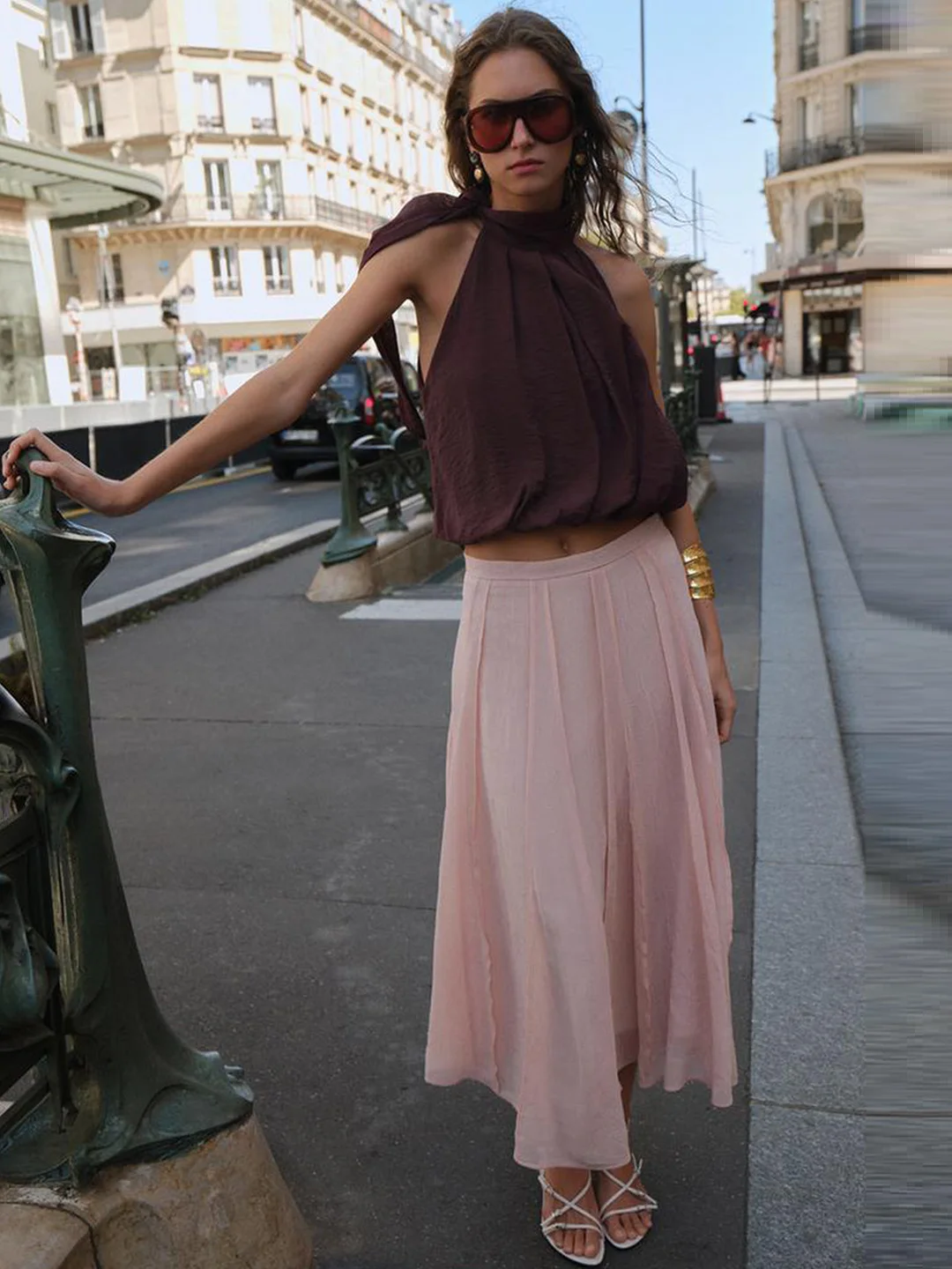 

Ele High Waist Slimming Semi-Transparent Stitching Detail f-length A-Line Skirt Casual Sle Polyester Fiber Skirt