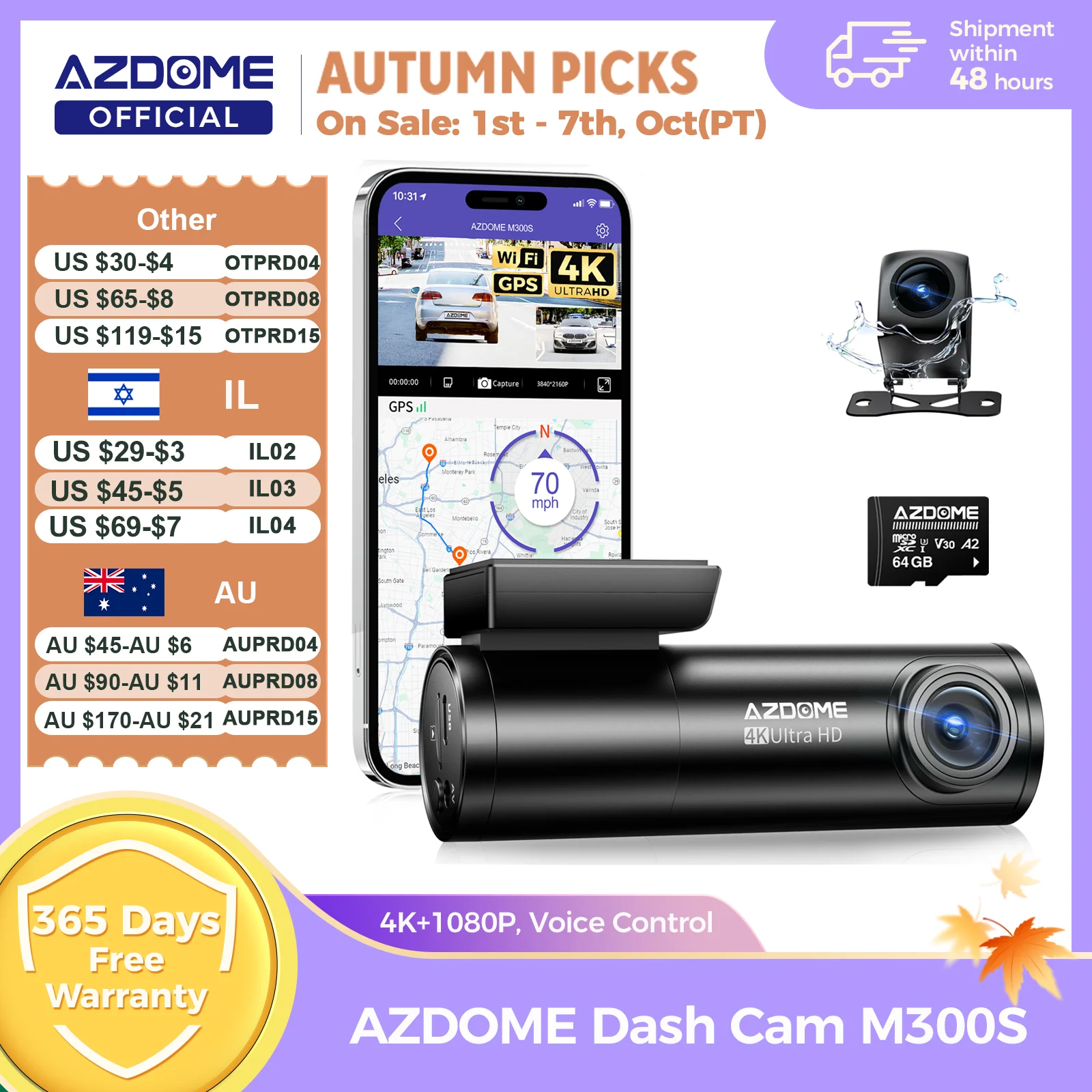 AZDOME M300S Dash Cam 4K Anteriore e Posteriore, Telecamera per Auto con ADAS Integrato, WiFi, GPS, Scheda da 64GB Gratuita, Controllo Vocale, Visione Notturna
